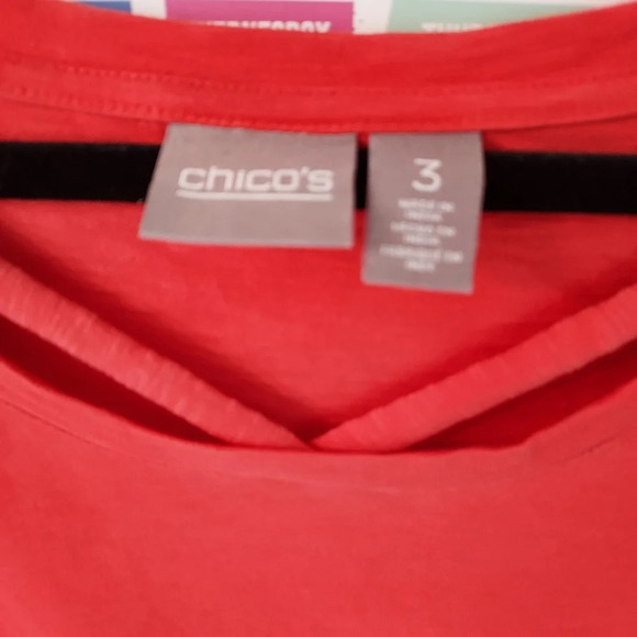 Chico's Orange-Red Scoop Neck with Cutout Short Sleeve Shirt in Size 3 - Picture 2 of 8